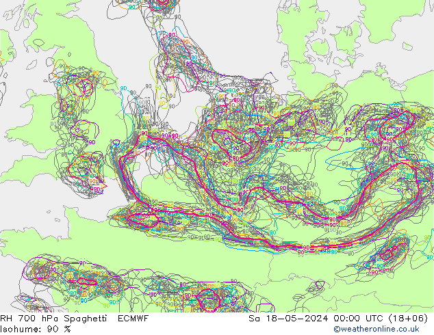 RH 700 hPa Spaghetti ECMWF Sa 18.05.2024 00 UTC