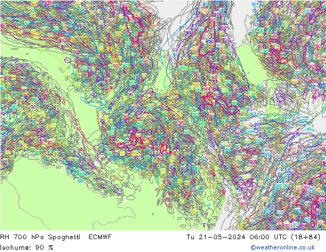 Humedad rel. 700hPa Spaghetti ECMWF mar 21.05.2024 06 UTC