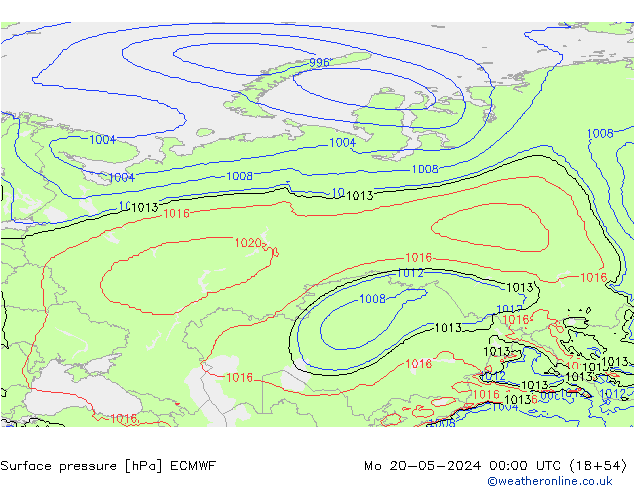 Presión superficial ECMWF lun 20.05.2024 00 UTC