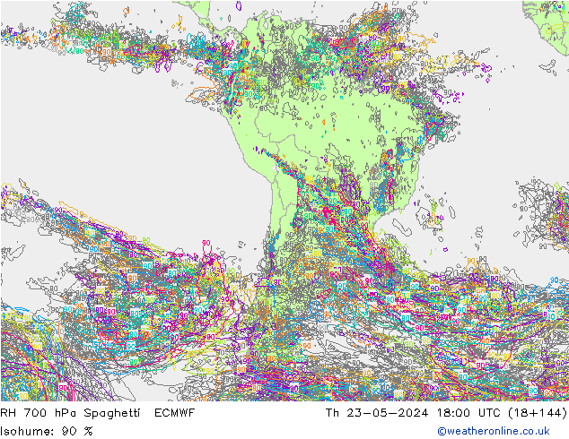 RH 700 hPa Spaghetti ECMWF Qui 23.05.2024 18 UTC