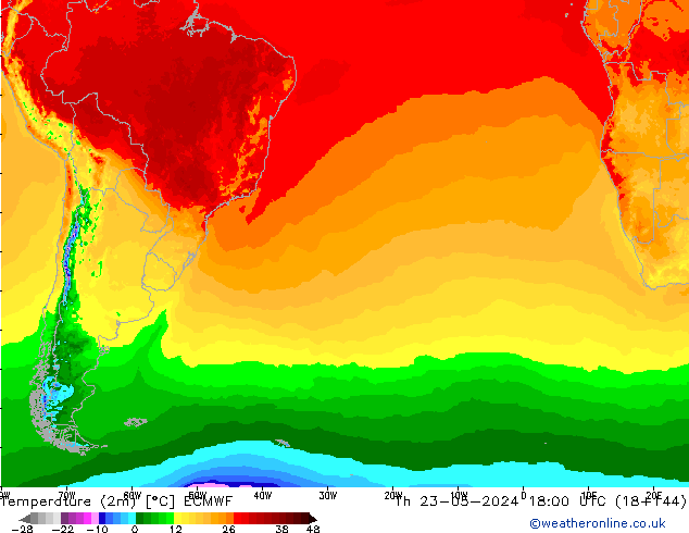 Temperature (2m) ECMWF Th 23.05.2024 18 UTC