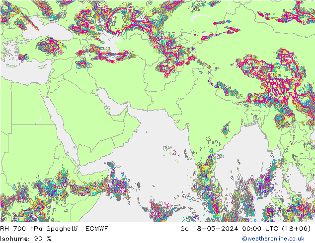 RH 700 hPa Spaghetti ECMWF 星期六 18.05.2024 00 UTC