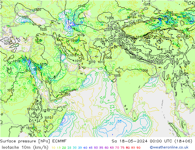 10米等风速线 (kph) ECMWF 星期六 18.05.2024 00 UTC