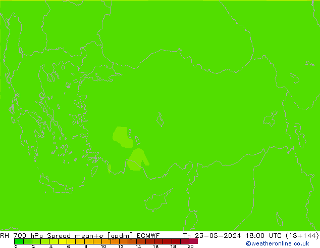 RH 700 hPa Spread ECMWF Čt 23.05.2024 18 UTC