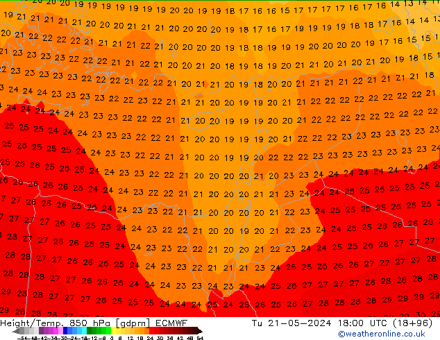 Height/Temp. 850 hPa ECMWF Út 21.05.2024 18 UTC