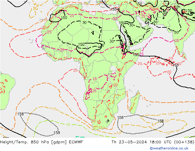 Height/Temp. 850 hPa ECMWF Qui 23.05.2024 18 UTC
