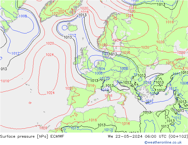 Surface pressure ECMWF We 22.05.2024 06 UTC