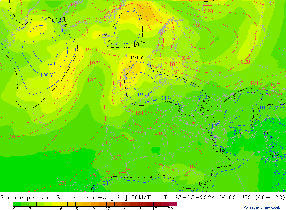 Surface pressure Spread ECMWF Th 23.05.2024 00 UTC