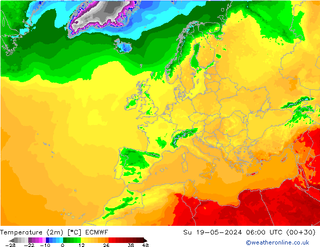 mapa temperatury (2m) ECMWF nie. 19.05.2024 06 UTC