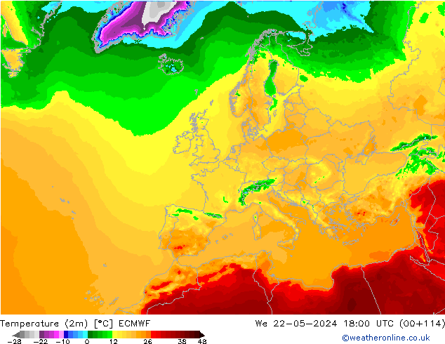 Temperature (2m) ECMWF We 22.05.2024 18 UTC