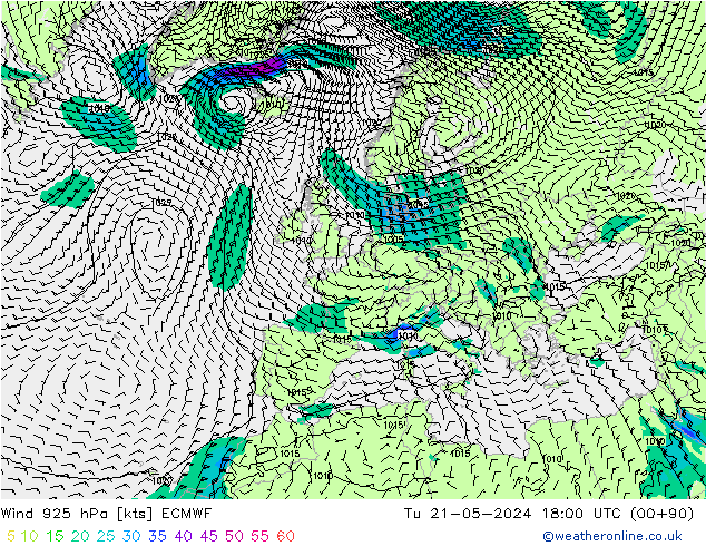 Wind 925 hPa ECMWF Di 21.05.2024 18 UTC