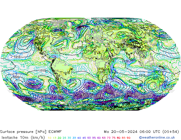 Izotacha (km/godz) ECMWF pon. 20.05.2024 06 UTC