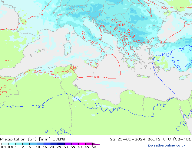 Totale neerslag (6h) ECMWF za 25.05.2024 12 UTC