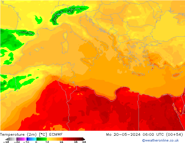 Temperatuurkaart (2m) ECMWF ma 20.05.2024 06 UTC