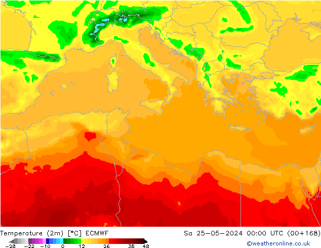 Temperature (2m) ECMWF Sa 25.05.2024 00 UTC