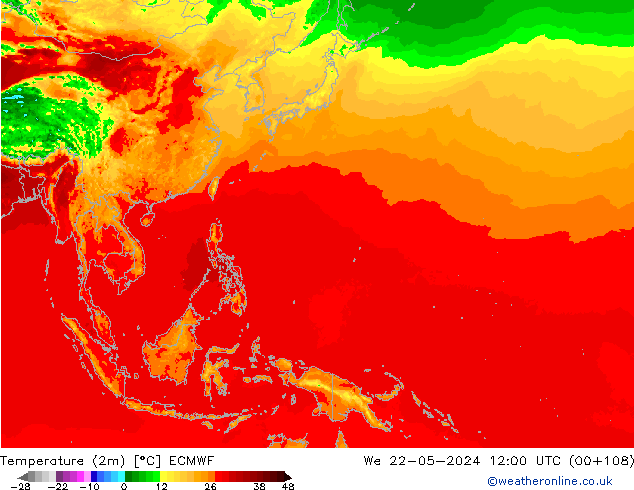 Temperatuurkaart (2m) ECMWF wo 22.05.2024 12 UTC