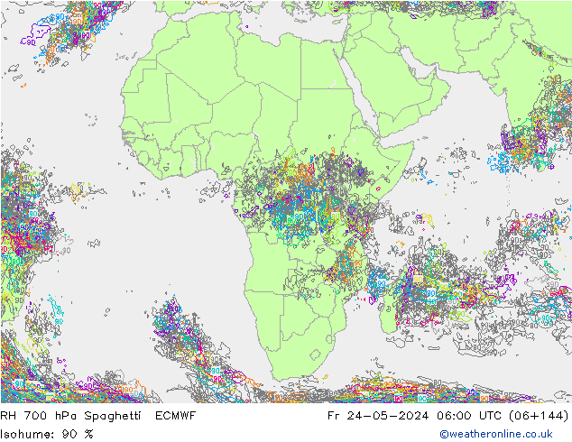 RH 700 hPa Spaghetti ECMWF Fr 24.05.2024 06 UTC