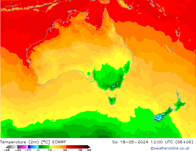 mapa temperatury (2m) ECMWF so. 18.05.2024 12 UTC