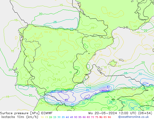 Isotachs (kph) ECMWF Mo 20.05.2024 12 UTC