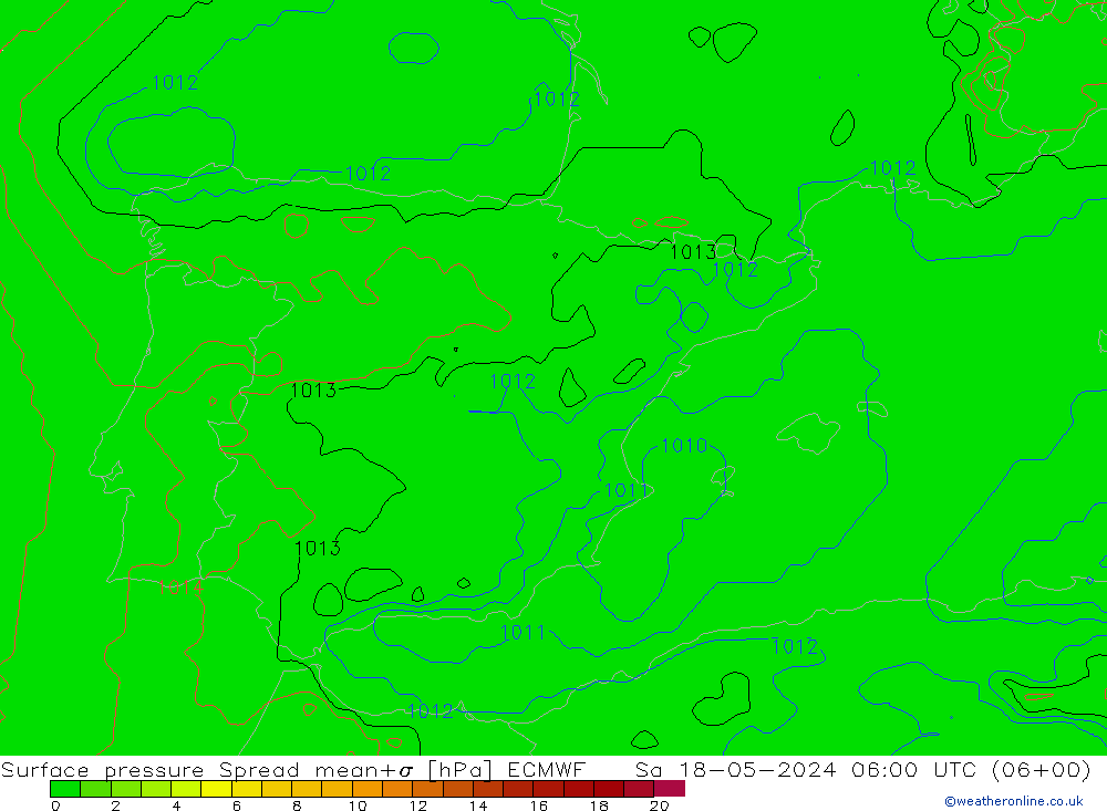 Presión superficial Spread ECMWF sáb 18.05.2024 06 UTC