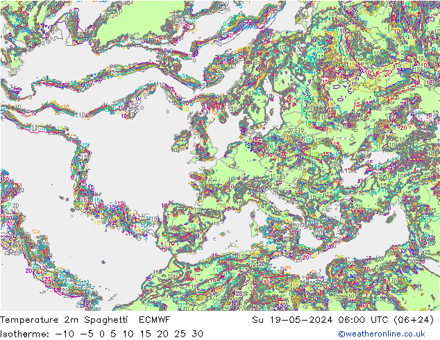 Temperatura 2m Spaghetti ECMWF dom 19.05.2024 06 UTC