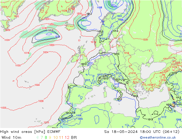 High wind areas ECMWF sáb 18.05.2024 18 UTC