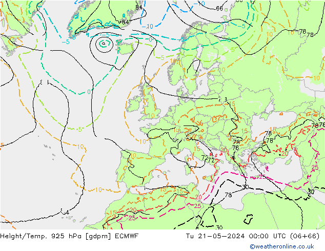 Height/Temp. 925 hPa ECMWF wto. 21.05.2024 00 UTC