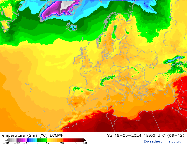 Temperatura (2m) ECMWF sab 18.05.2024 18 UTC