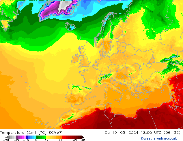 Temperature (2m) ECMWF Su 19.05.2024 18 UTC