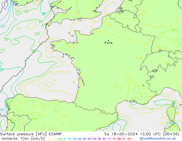 Isotachen (km/h) ECMWF Sa 18.05.2024 12 UTC