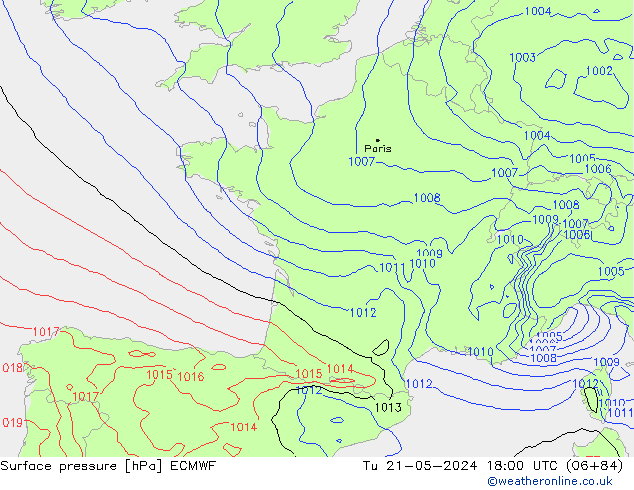 Bodendruck ECMWF Di 21.05.2024 18 UTC