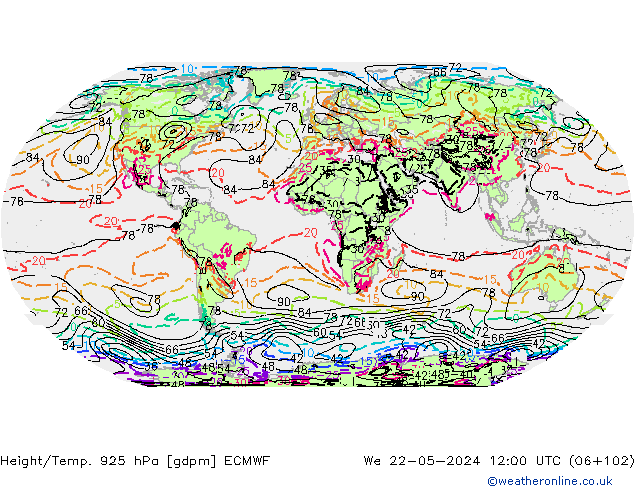 Height/Temp. 925 hPa ECMWF We 22.05.2024 12 UTC