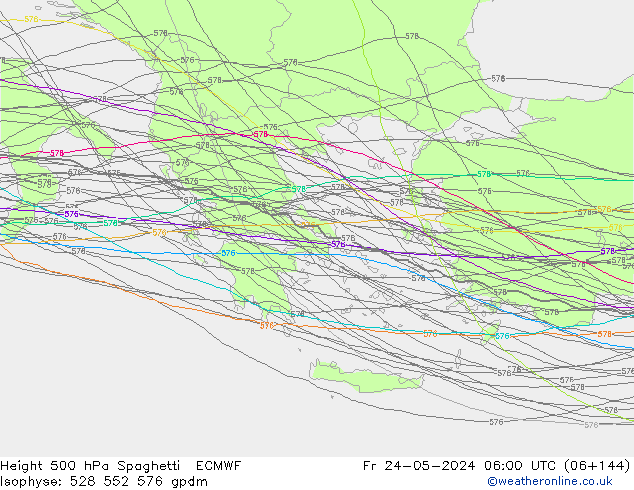 Height 500 hPa Spaghetti ECMWF Fr 24.05.2024 06 UTC