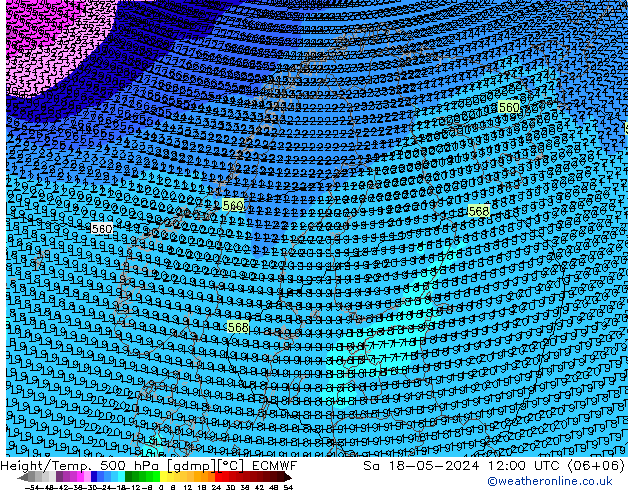 Height/Temp. 500 hPa ECMWF sab 18.05.2024 12 UTC