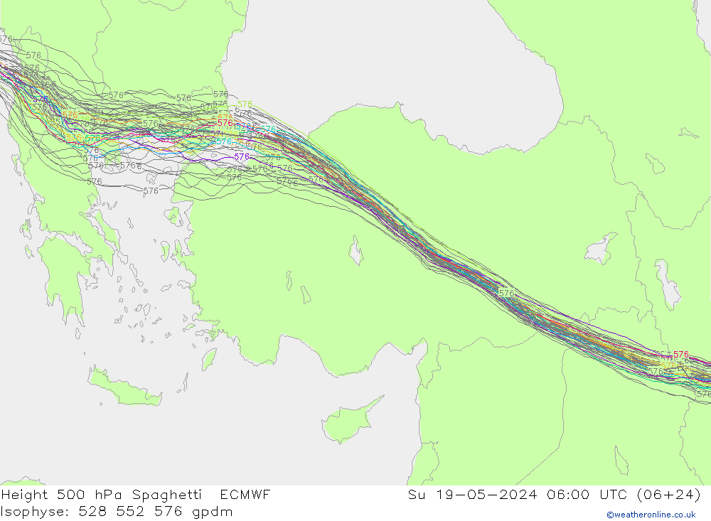 Hoogte 500 hPa Spaghetti ECMWF zo 19.05.2024 06 UTC
