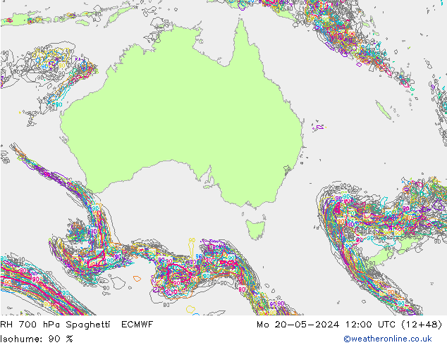 RH 700 гПа Spaghetti ECMWF пн 20.05.2024 12 UTC