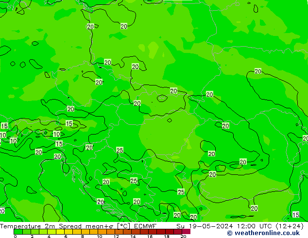 Temperatura 2m Spread ECMWF dom 19.05.2024 12 UTC