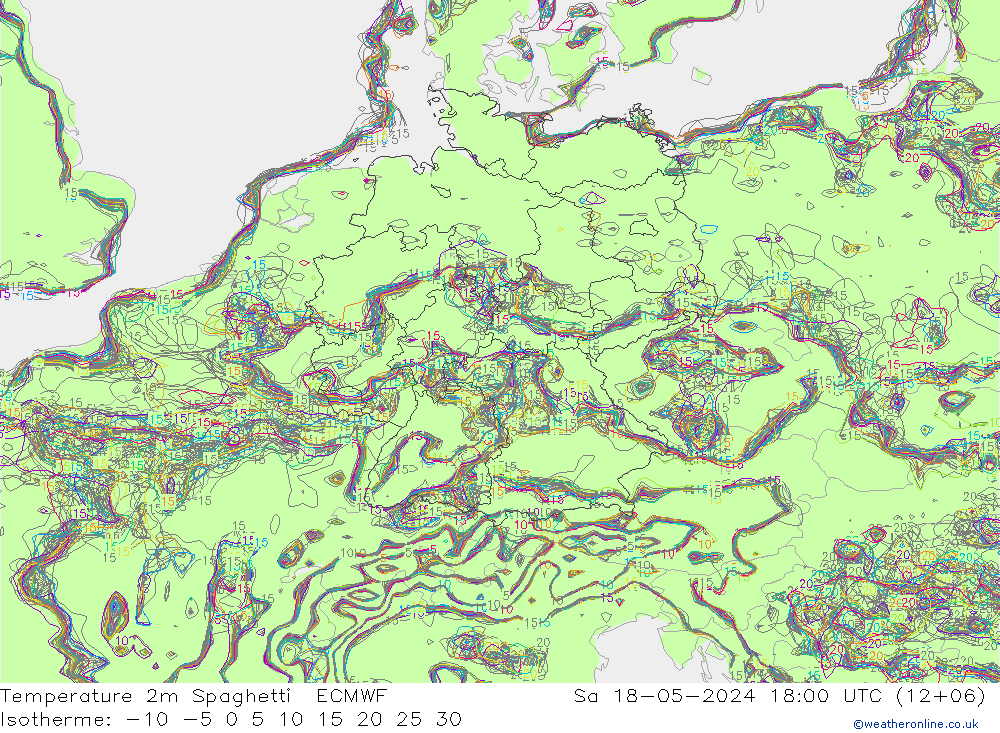 温度图 Spaghetti ECMWF 星期六 18.05.2024 18 UTC