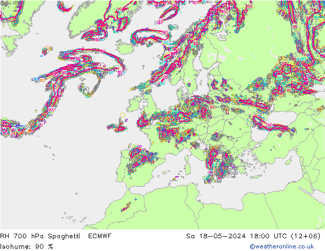RH 700 hPa Spaghetti ECMWF Sa 18.05.2024 18 UTC