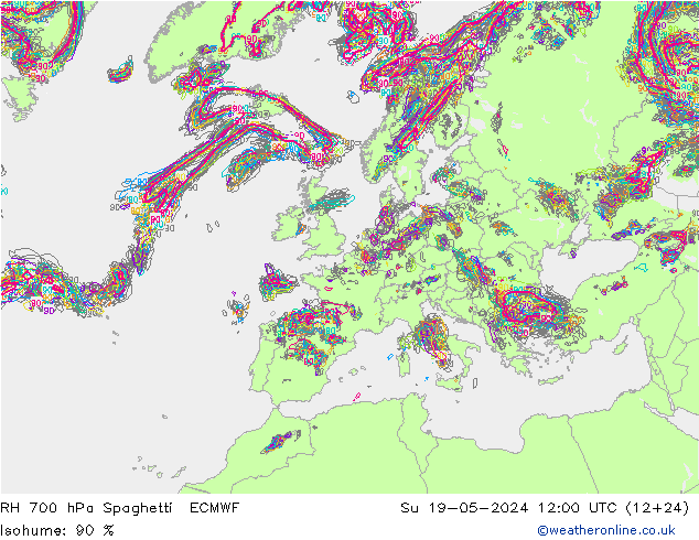 RH 700 hPa Spaghetti ECMWF So 19.05.2024 12 UTC