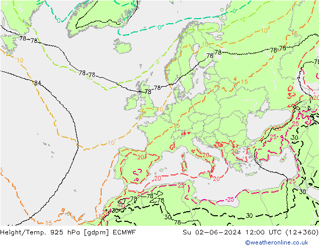 Height/Temp. 925 hPa ECMWF So 02.06.2024 12 UTC