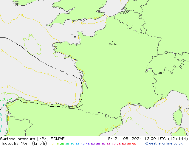Isotachs (kph) ECMWF пт 24.05.2024 12 UTC