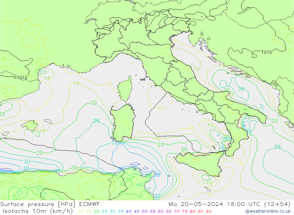 Isotachs (kph) ECMWF пн 20.05.2024 18 UTC