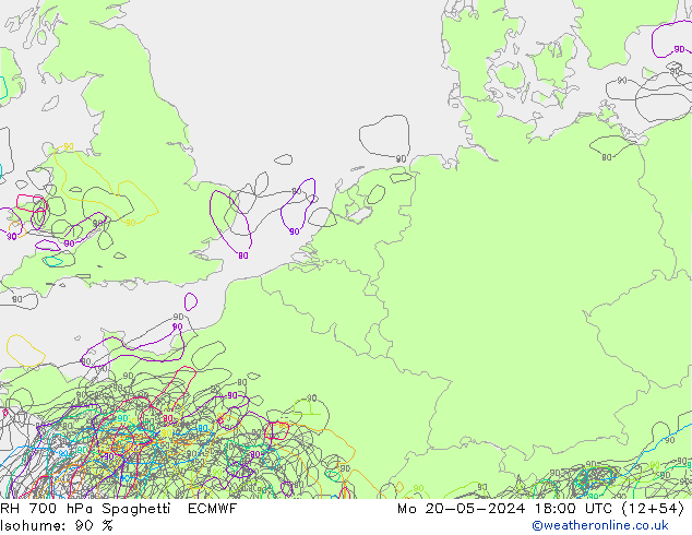 RH 700 hPa Spaghetti ECMWF pon. 20.05.2024 18 UTC