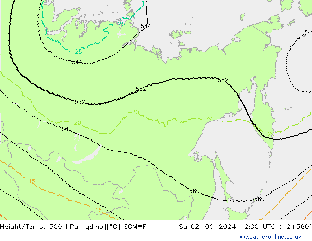 Height/Temp. 500 hPa ECMWF So 02.06.2024 12 UTC