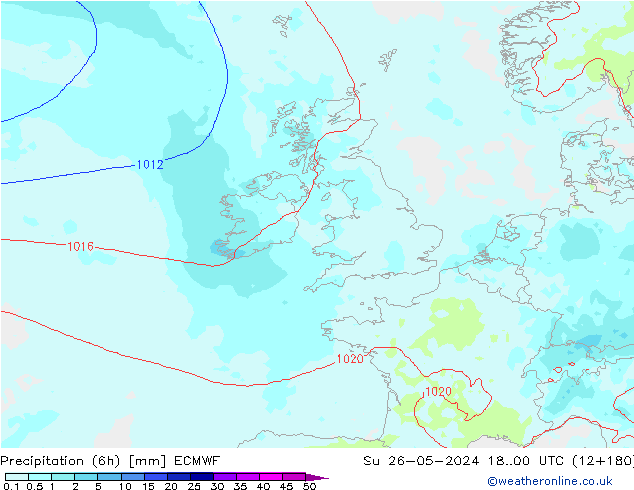 Precipitazione (6h) ECMWF dom 26.05.2024 00 UTC