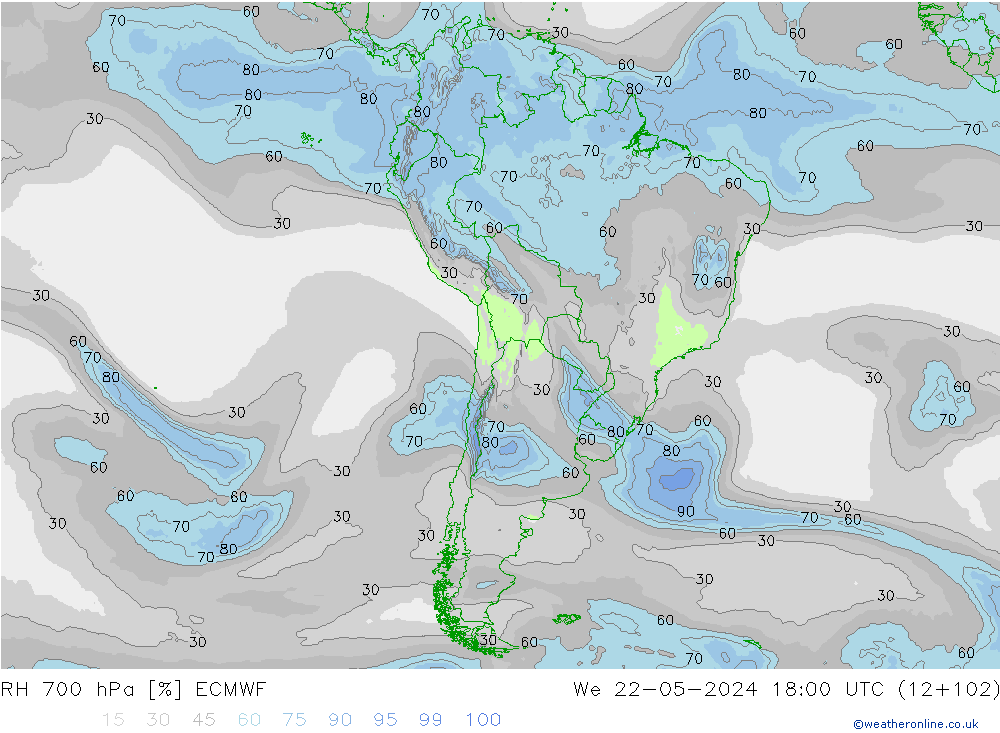 Humidité rel. 700 hPa ECMWF mer 22.05.2024 18 UTC
