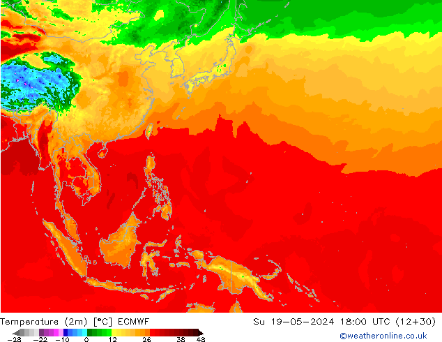 mapa temperatury (2m) ECMWF nie. 19.05.2024 18 UTC