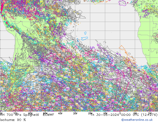 Humidité rel. 700 hPa Spaghetti ECMWF jeu 30.05.2024 00 UTC