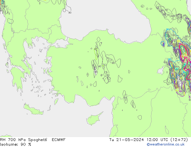 RH 700 hPa Spaghetti ECMWF Tu 21.05.2024 12 UTC